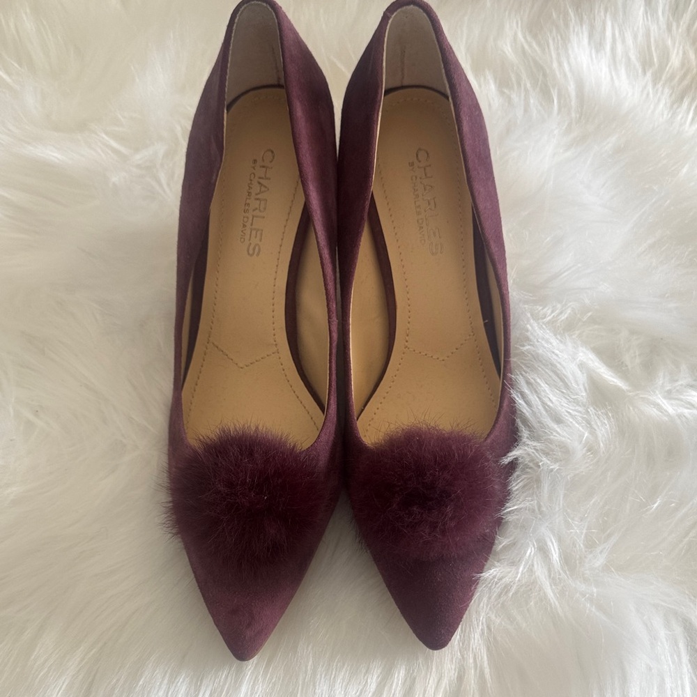 Charles by Charles David Plum Heels with Pom Pom
